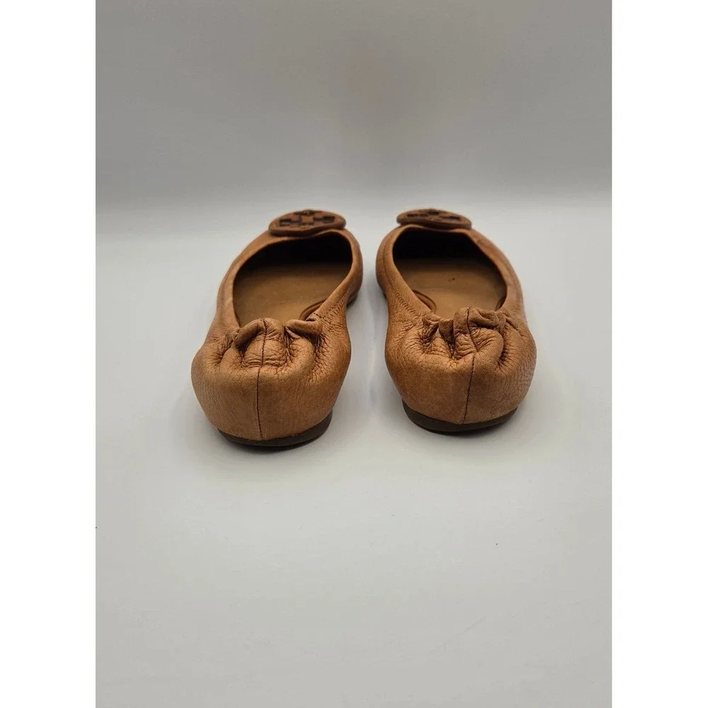 Tory Burch Reva Women Flats Sz 7 Tan Tumbled Leather Ballet Logo